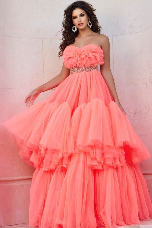 Strapless Tiered Ball Gown with Textured Bodice 38299