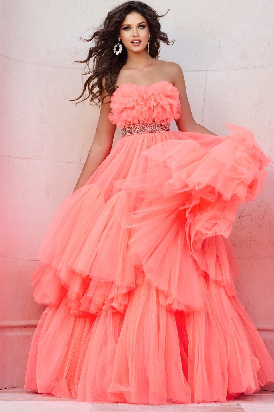 Strapless Tiered Ball Gown with Textured Bodice 38299