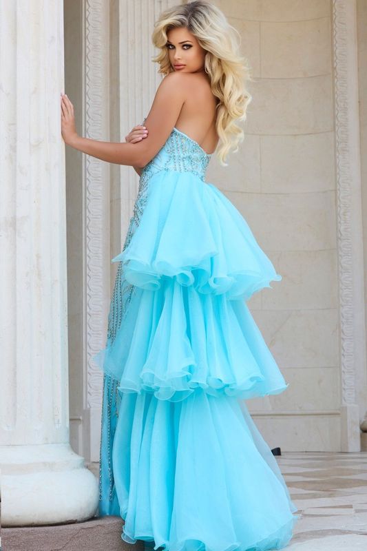 One-Shoulder Ruffled Gown with Beaded Detail 24565