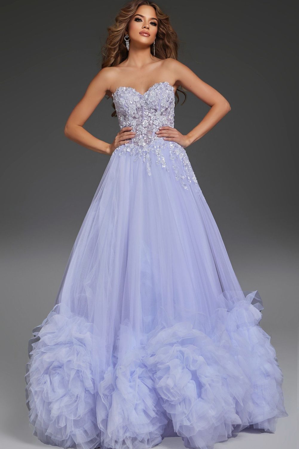 Strapless Tulle Ball Gown with 3D Floral Details 40170