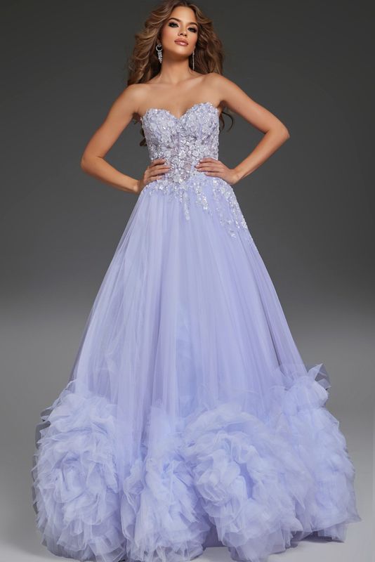 Strapless Tulle Ball Gown with 3D Floral Details 40170