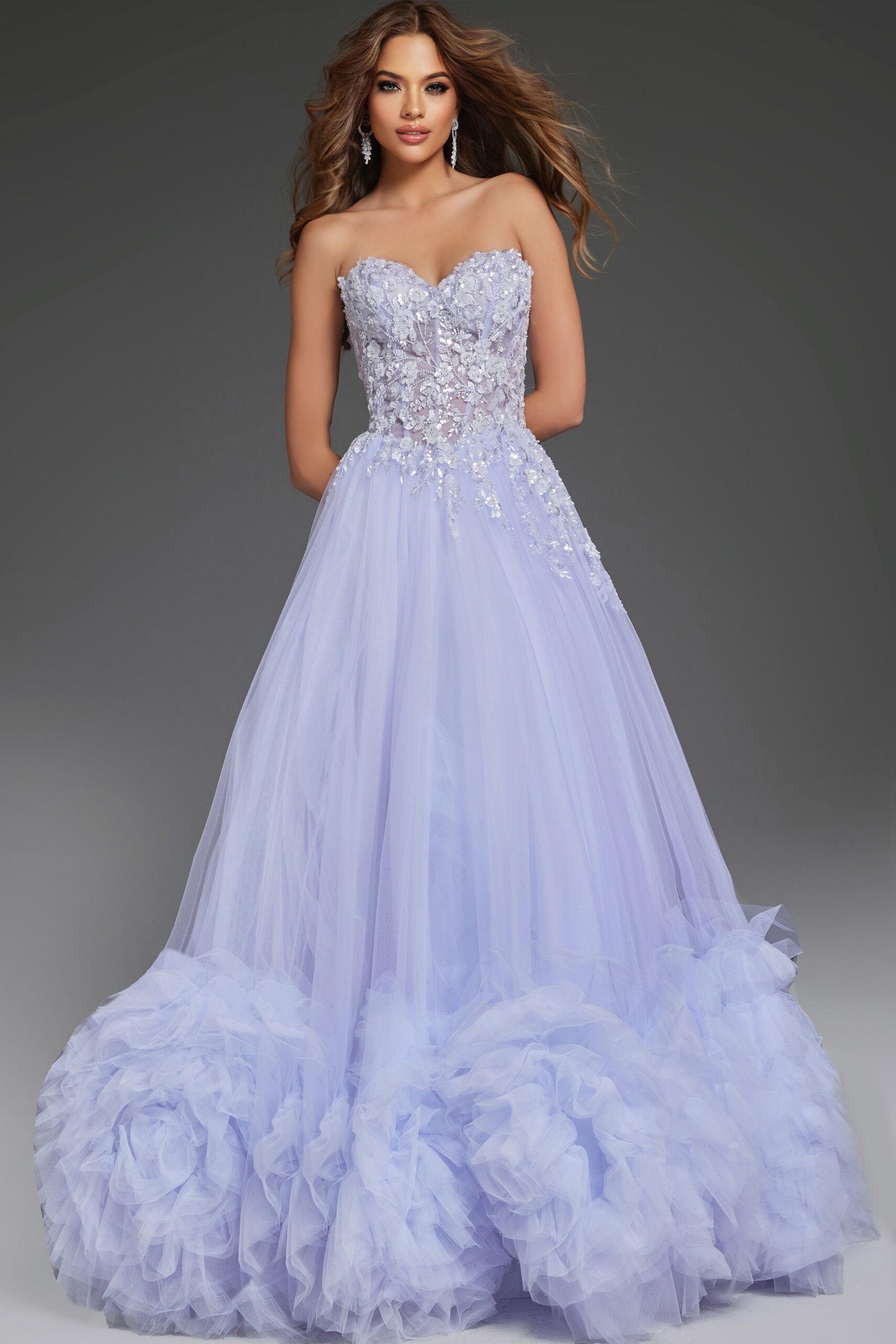 Strapless Tulle Ball Gown with 3D Floral Details 40170