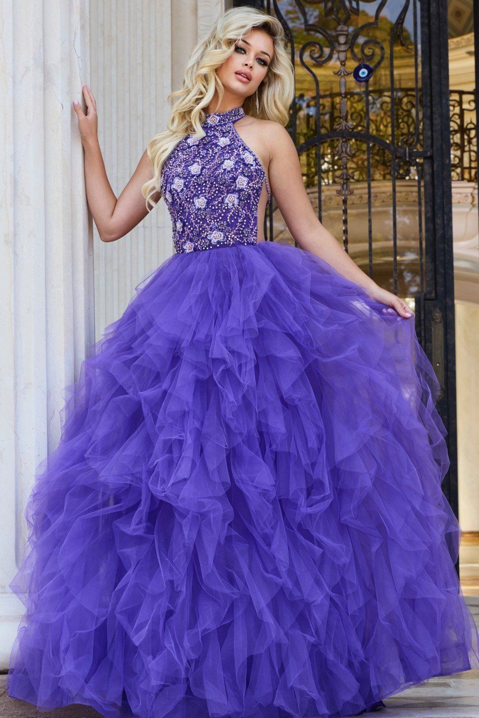 Halter Neck Ball Gown with Beaded Bodice 40218