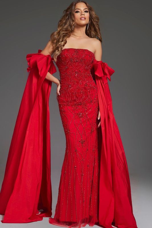 Off-Shoulder Gown with Embellished Bodice and Detachable Cape 39377