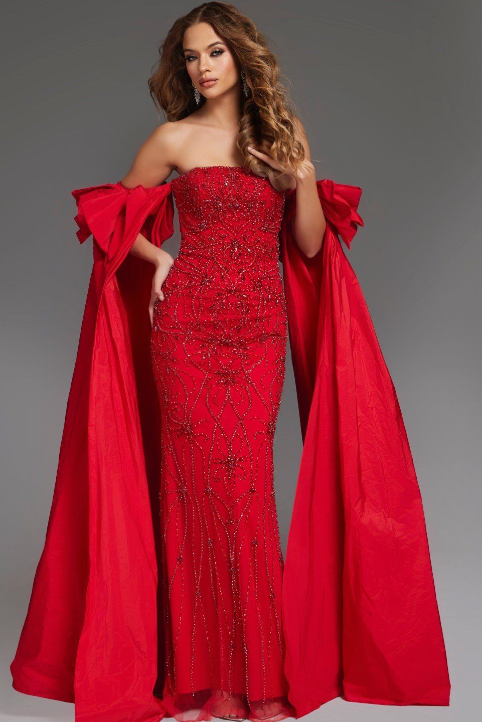 Off-Shoulder Gown with Embellished Bodice and Detachable Cape 39377
