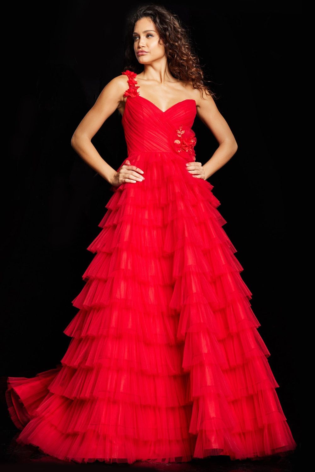 Red Tulle One Shoulder Gown 37274