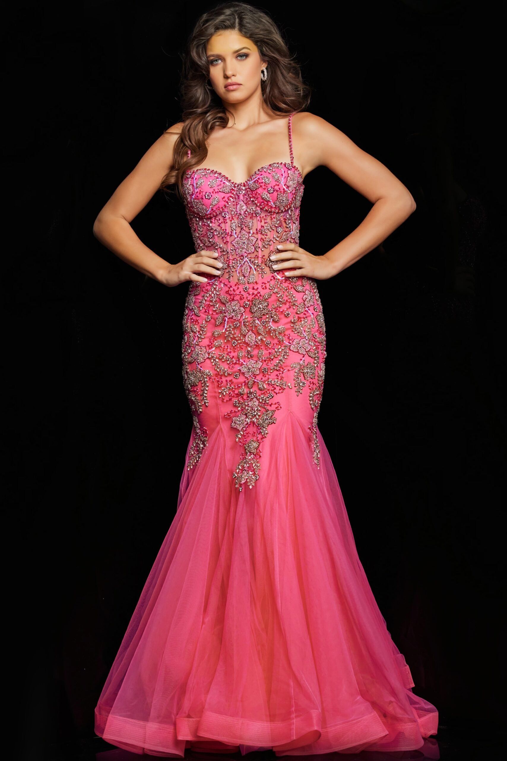 Hot Pink Silver Embellished Mermaid Dress 23125