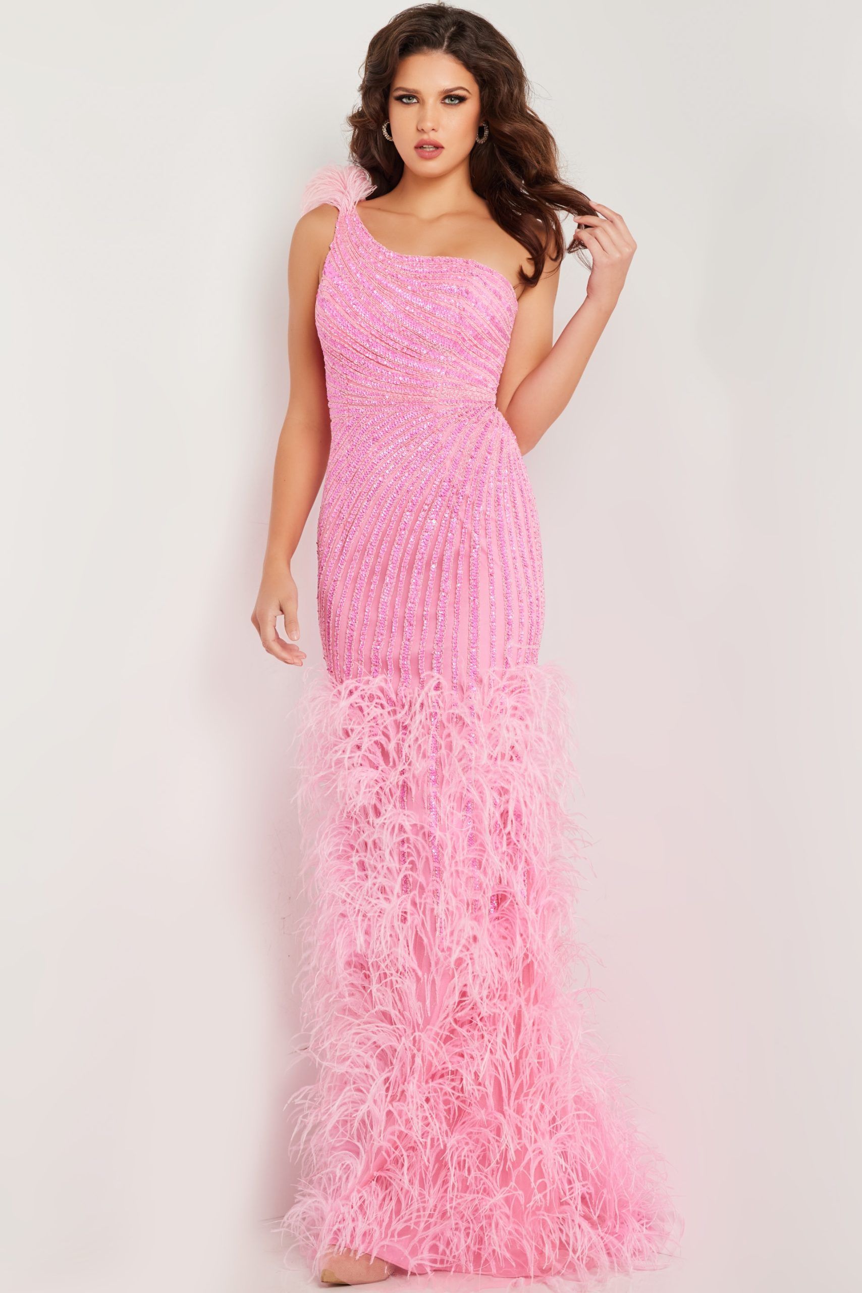 Pink One Shoulder Beaded Dress 08200