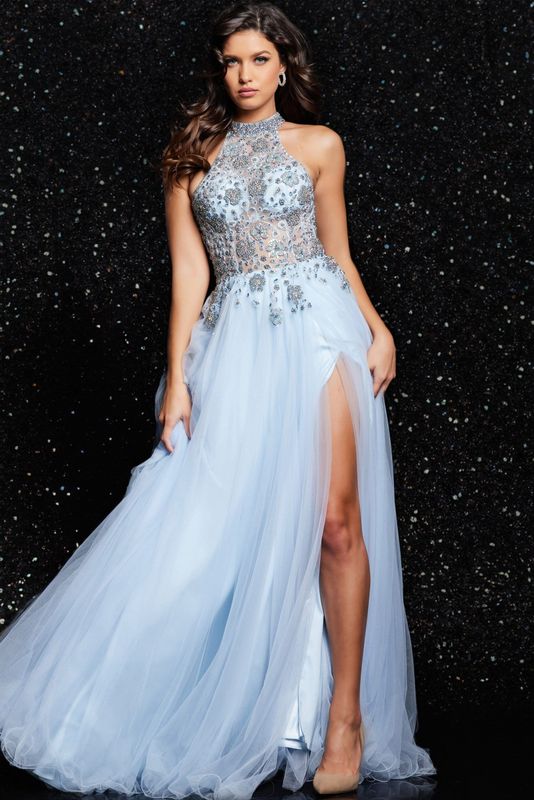 Blue Beaded Sheer Ballgown 24094