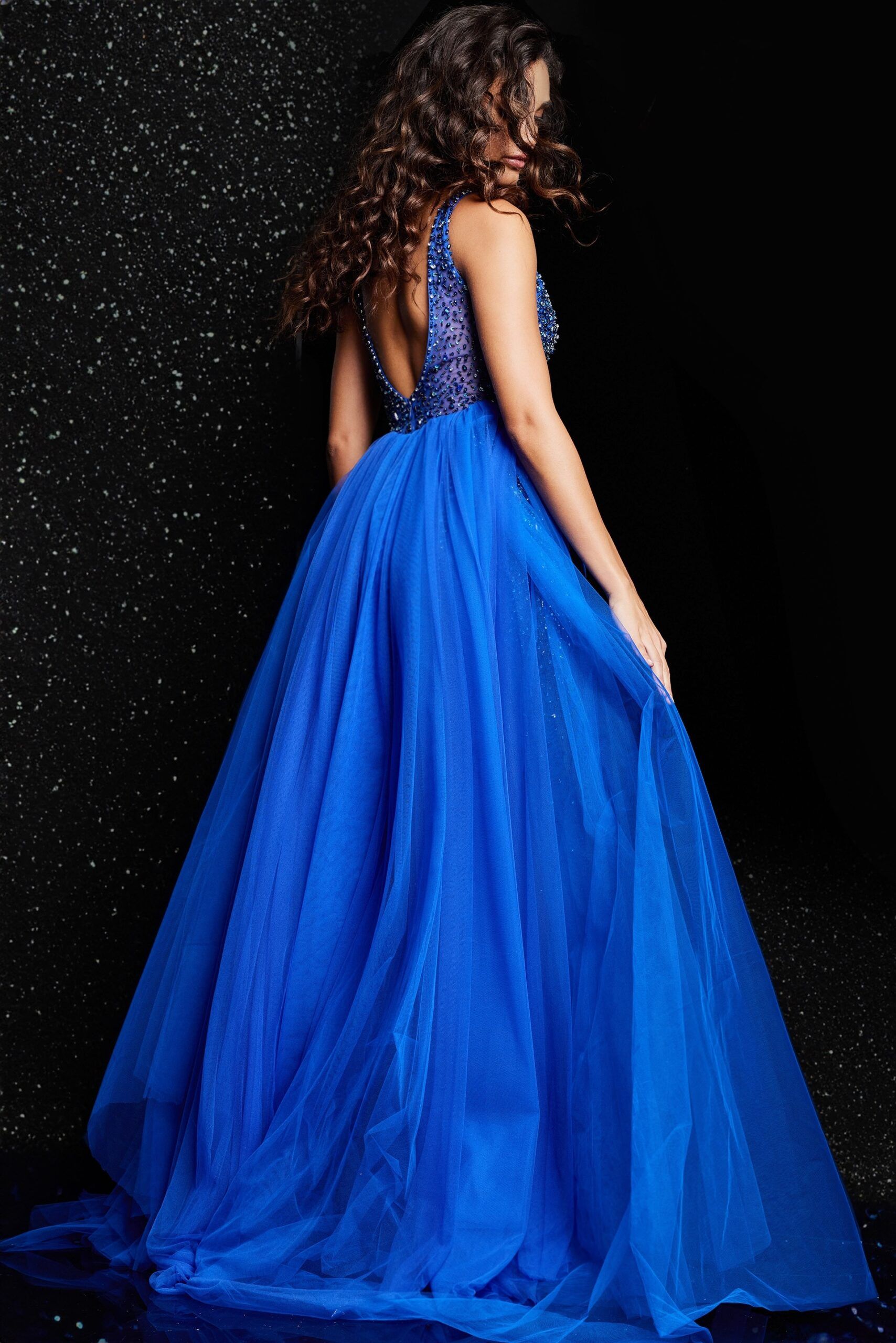 Royal Blue V Neckline Beaded Dress 26058
