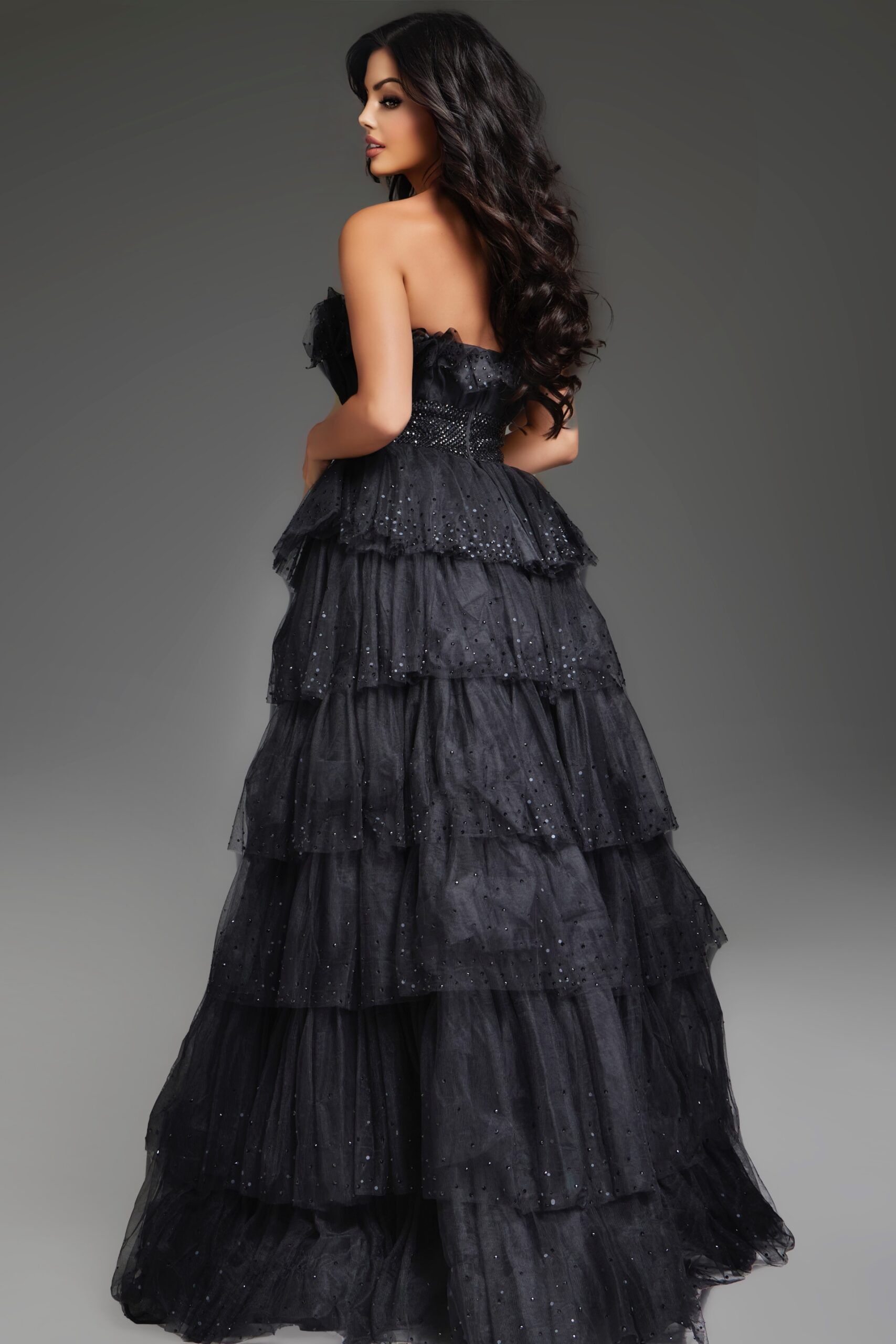 Strapless Tiered Tulle Gown with Sparkling Accents 38301