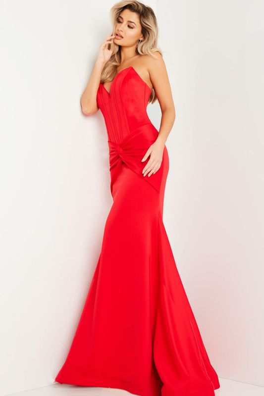 Red Strapless V Neckline Dress 23556
