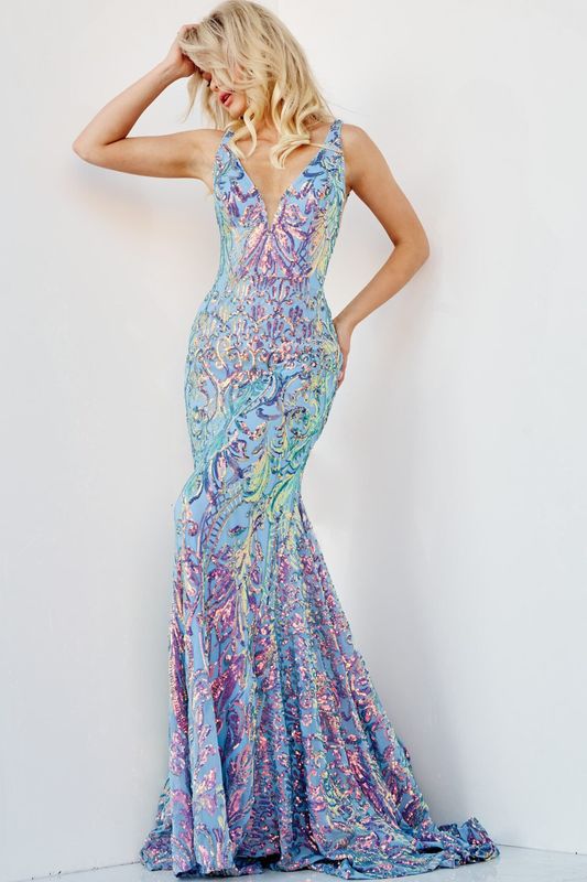 Jovani 08099 Iridescent Blue V Neck Open Back Dress