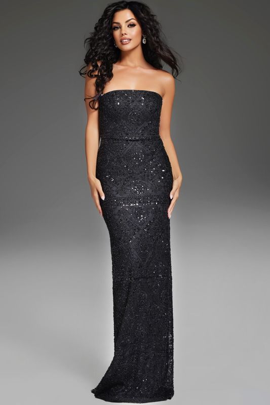 Strapless Black Beaded Gown with Voluminous Satin Drape 42137