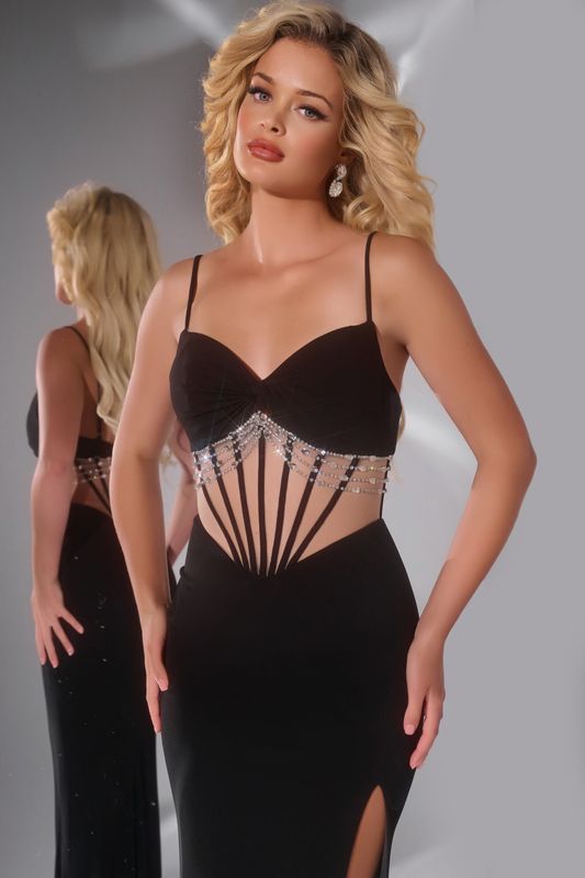 Embellished Black Gown with Sheer Waist and Spaghetti Straps 42758