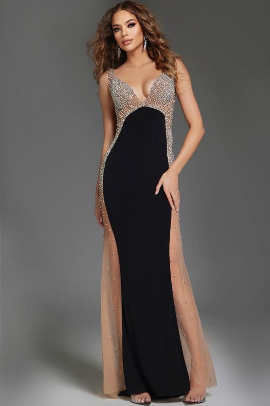 Beaded illusion gown with plunging neckline 38307