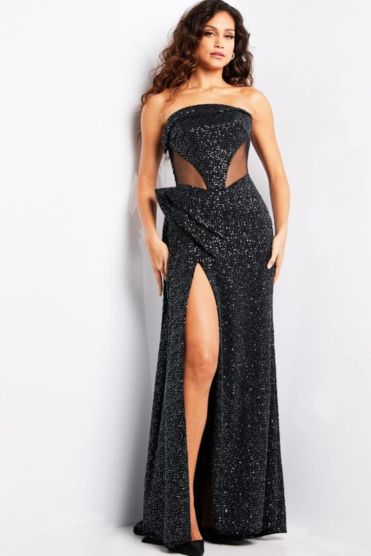 Black High Slit Strapless Gown 23388