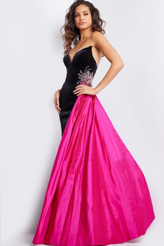 Black Fuchsia Strapless Velvet Gown 26117
