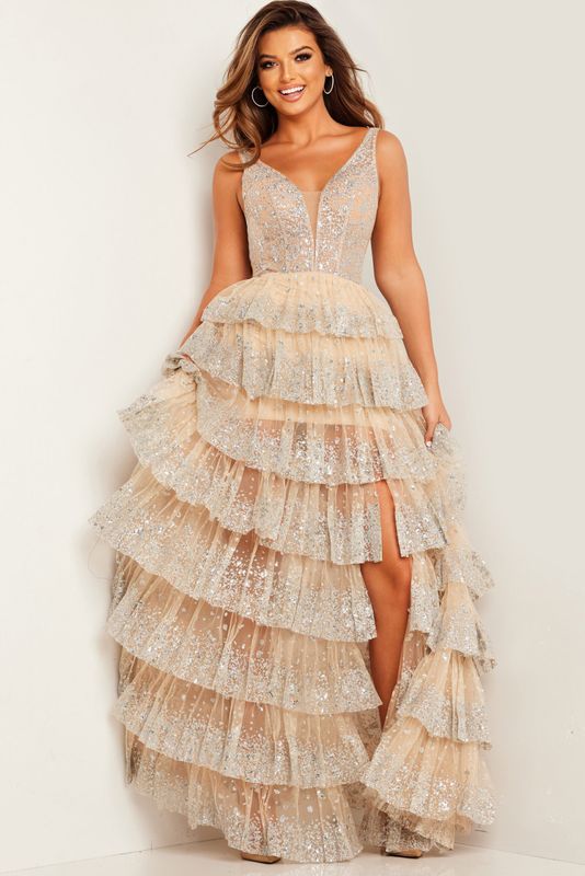 Black Ruffle Skirt Maxi Prom Gown 22904