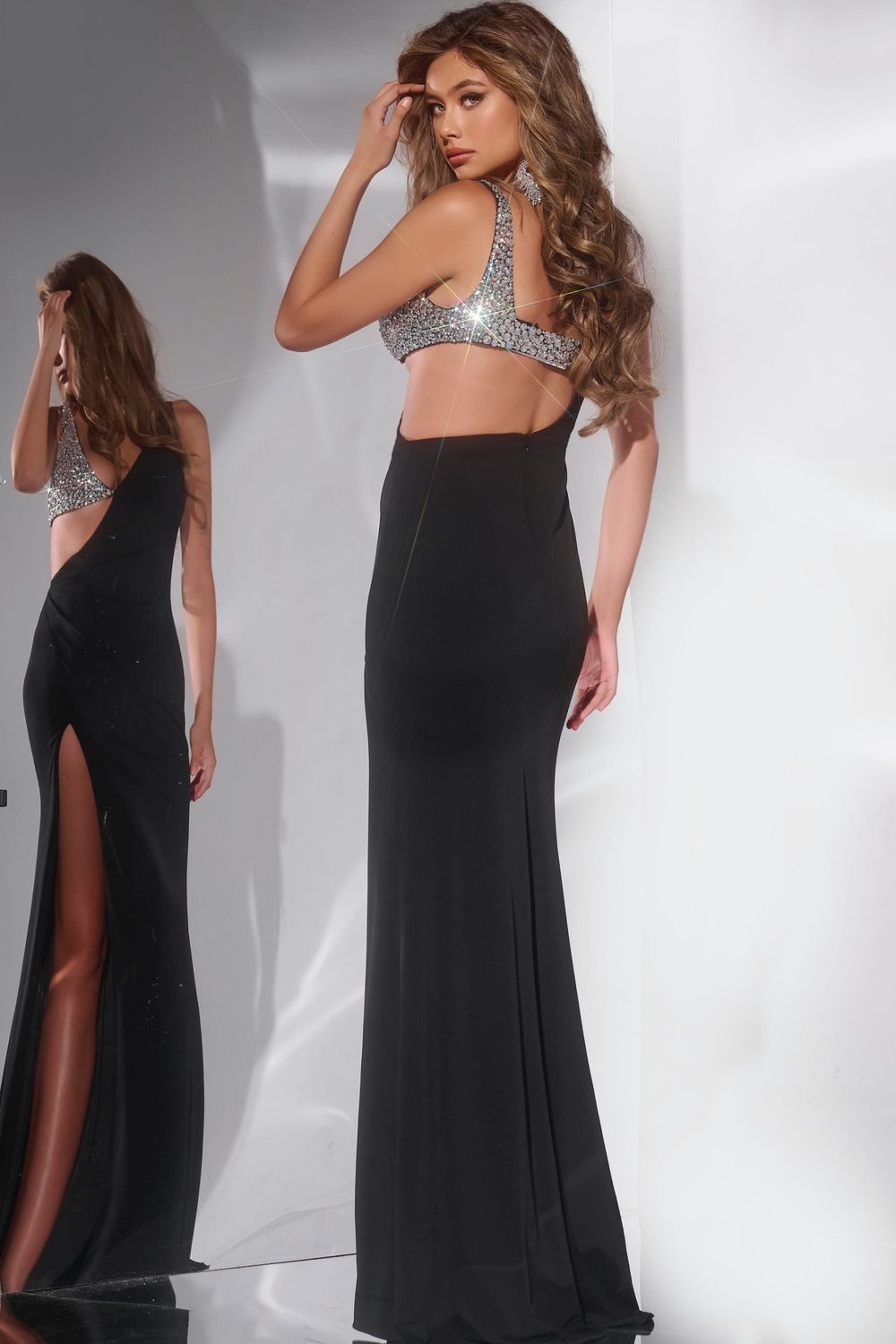 Elegant Beaded Cut Out Gown with Thigh Slit 42816