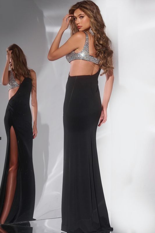 Elegant Beaded Cut Out Gown with Thigh Slit 42816