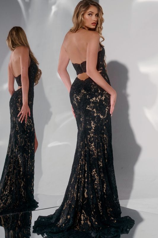 Lace Gown with Cutout Back and High Slit 43097