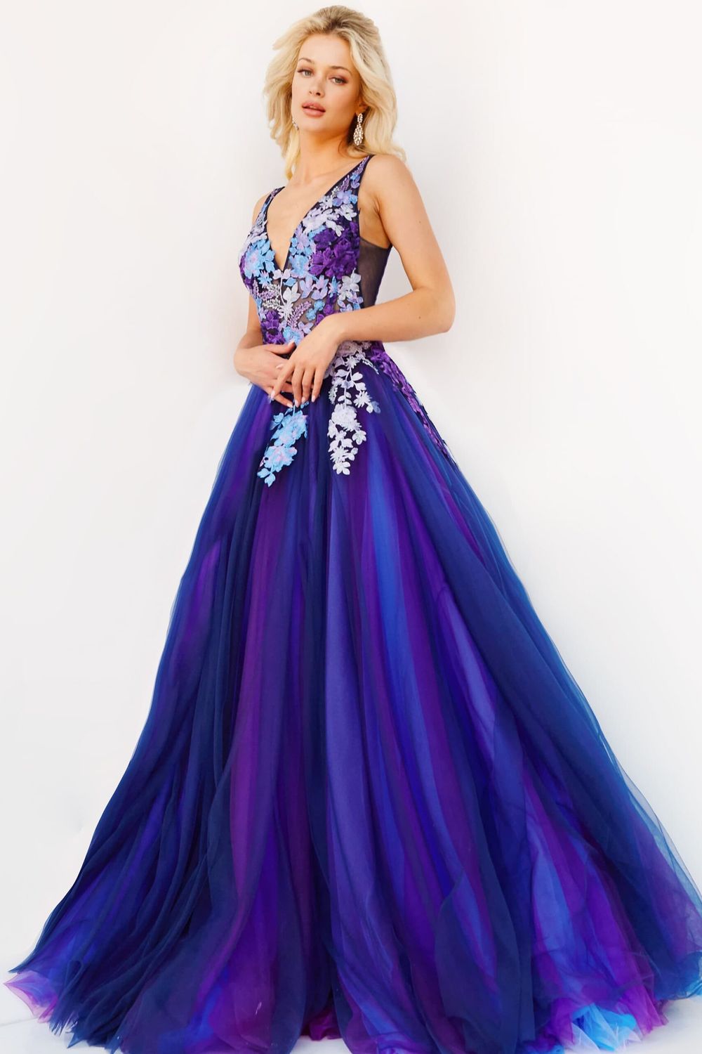 Jovani 06807 Navy Multi Floral Bodice Tulle Prom Ballgown