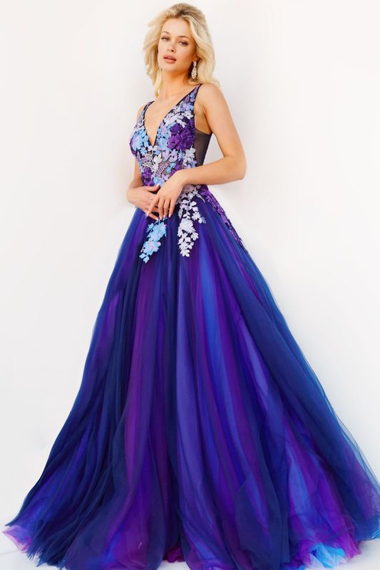 Jovani 06807 Navy Multi Floral Bodice Tulle Prom Ballgown