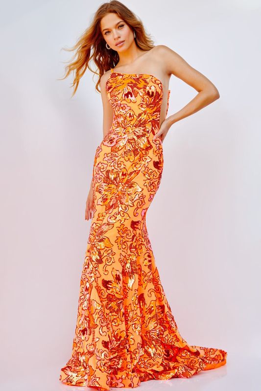 Jovani 08460 Orange One Shoulder Illusion Sides Dress