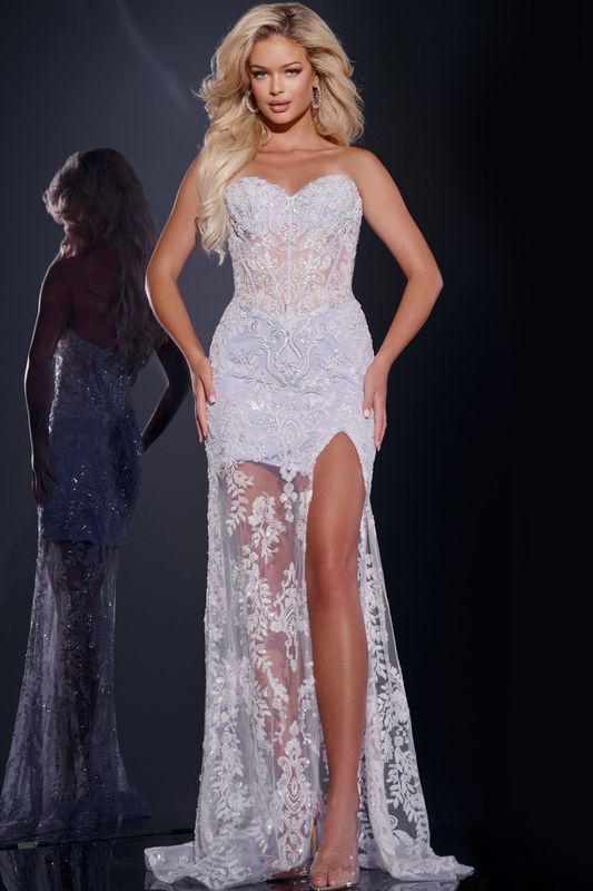 Lace Gown with Sheer Overlay and High Slit 43184