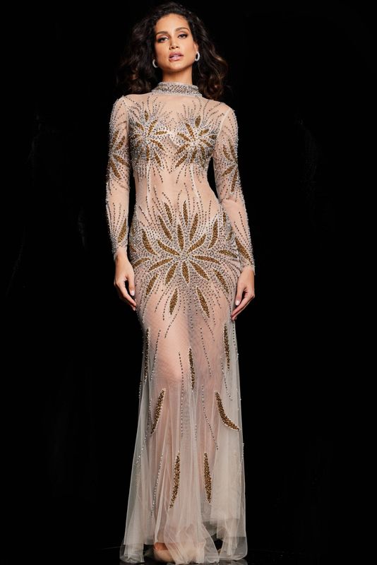 Nude Gold Long Sleeve Illusion Gown 26257