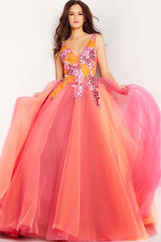 Orange Multi Floral Appliques Tulle Ballgown 25800