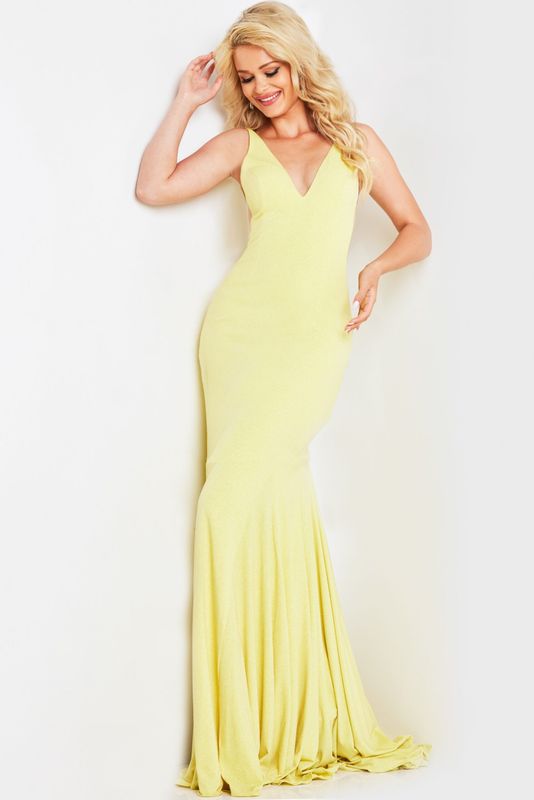 Yellow Simple V neck Dress 23701