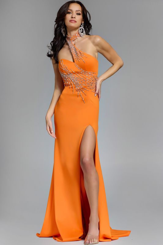 One Shoulder Gown With Beaded Neckline 43018