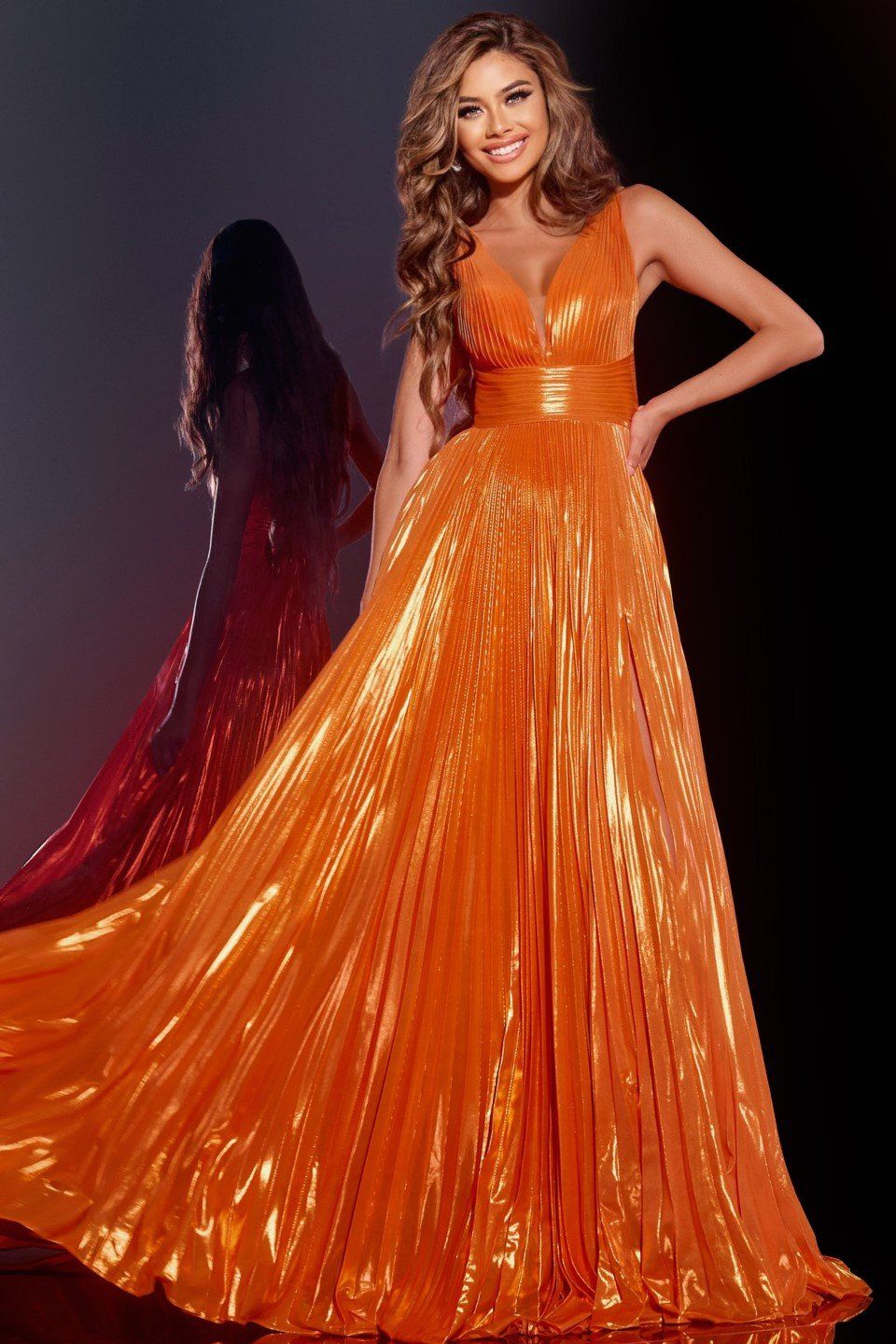 V-Neck Gown with Pleated A-Line Silhouette and High Slit 44230