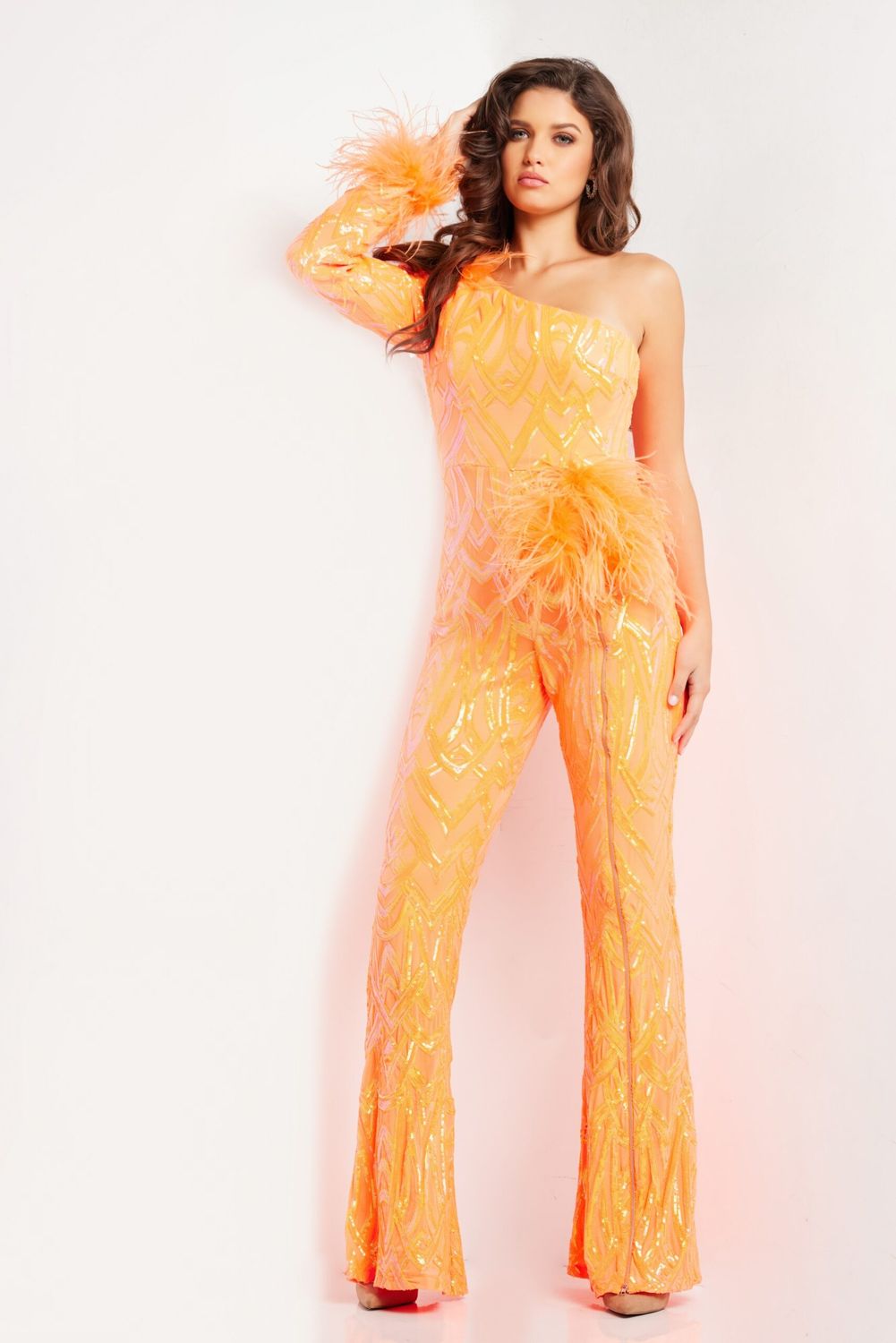 Orange One Shoulder Long Sleeve Jumpsuit 23026
