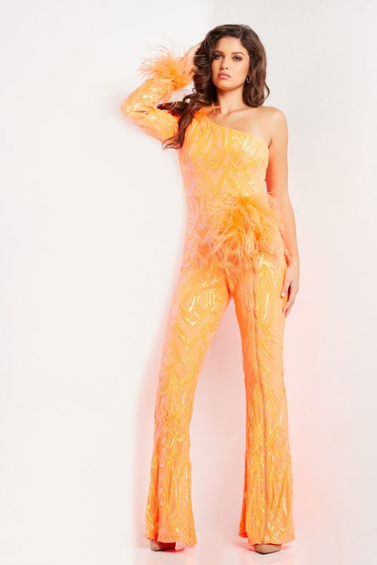 Orange One Shoulder Long Sleeve Jumpsuit 23026