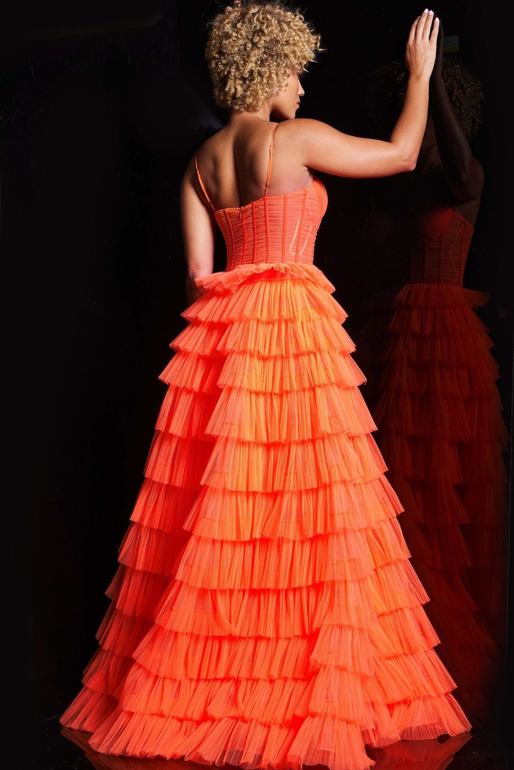 Jovani 38277 Orange Tulle Layered Skirt Gown