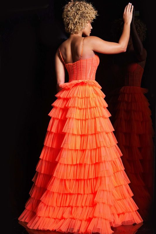 Jovani 38277 Orange Tulle Layered Skirt Gown