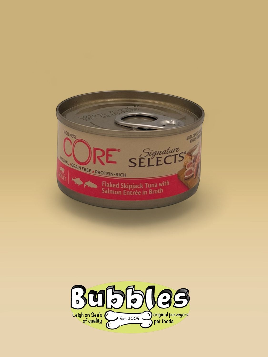 Wellness CORE Cat Wet Adult Signature Selects Flaked Skipjack Tuna with Salmon Entree in Broth (79g)