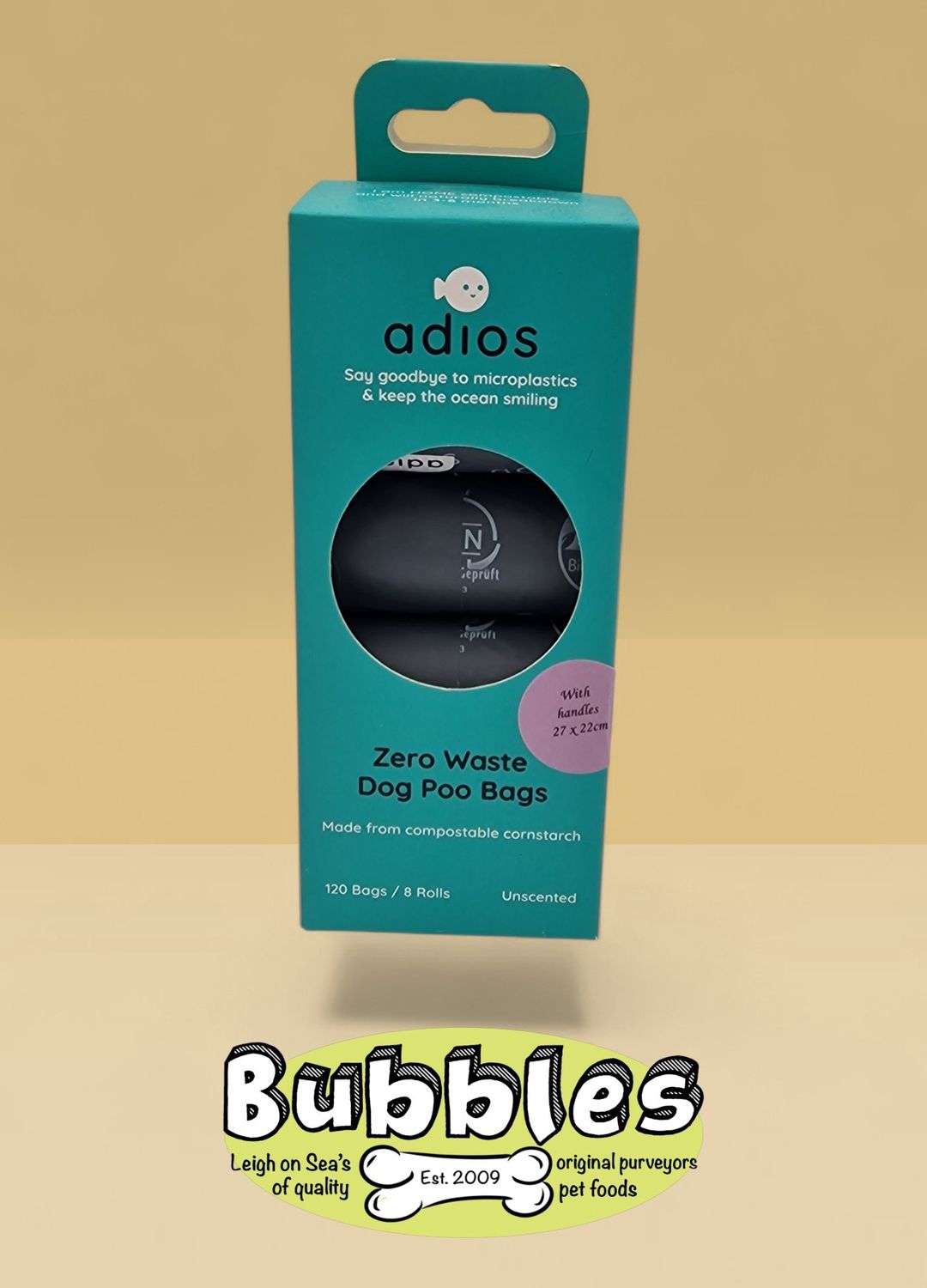 Adios Compostable Poop Bags with handles on a Roll Grey (8 x 15)