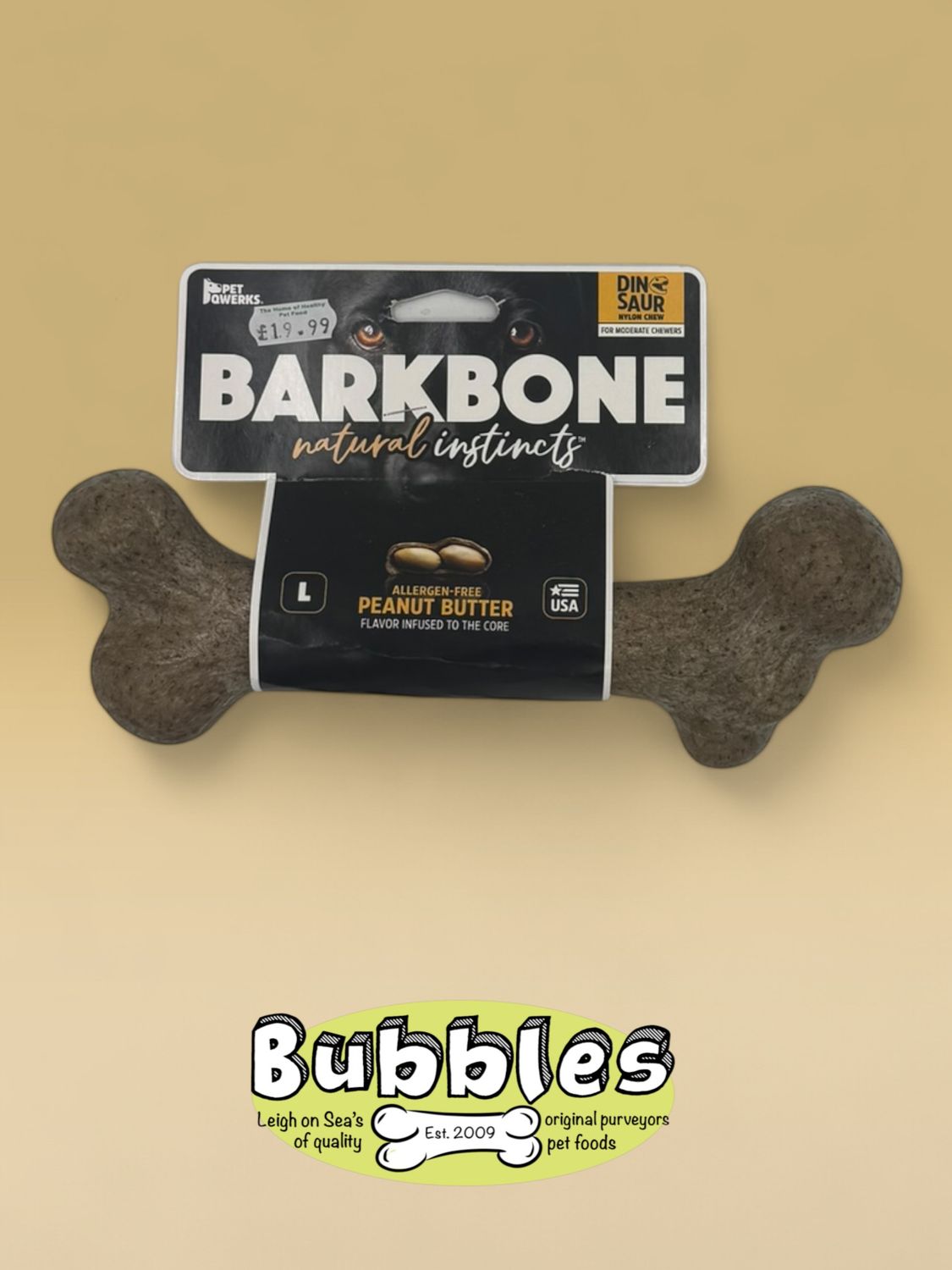 Pet Qwerks Dinosaur BarkBone Peanut Butter Wood Chew Toy (Large)