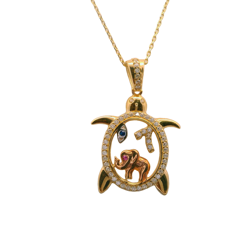 Elegant  14K Gold Turtle Pendant with Elephant Design