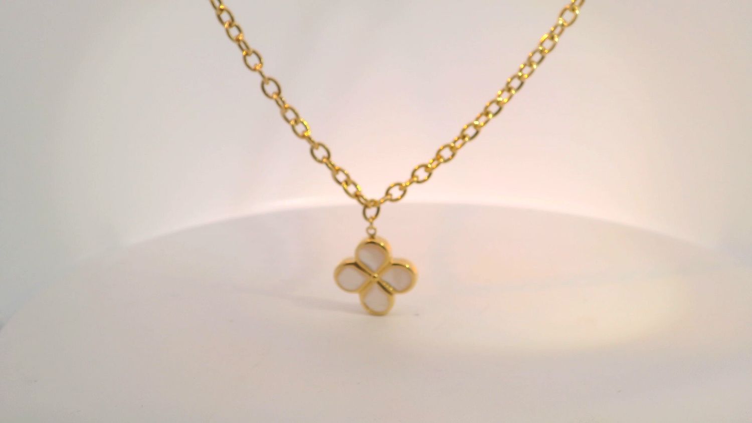 Yellow 14K Gold Charm Necklace with Cabochon Pearl Clover Pendant
