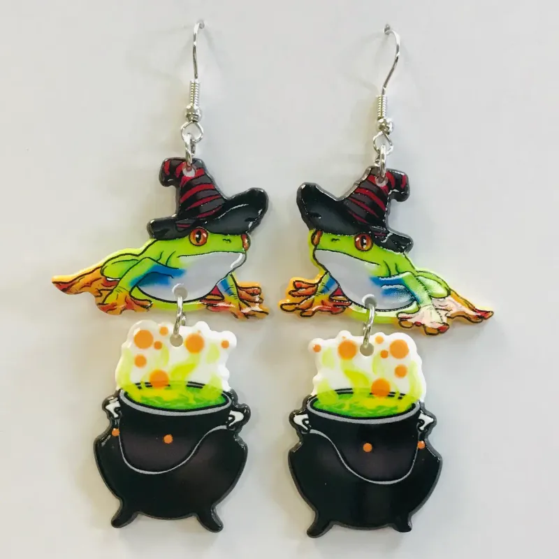 Witch Craft Frog Earrings, Cauldron Earring 