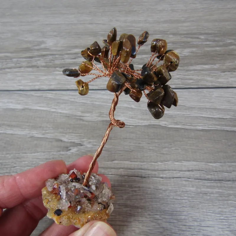 Gemstone with Copper Tree and Agate Base- Tiger Eye 