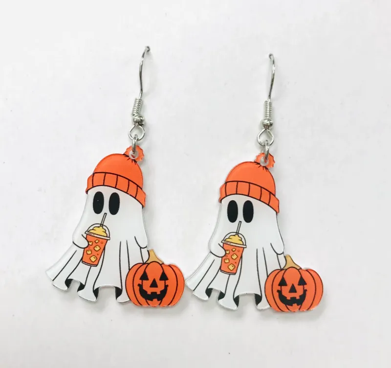 Cute Acrylic White Ghost with Beanie Hat &amp; Pumpkin Earrings
