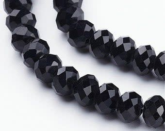 8x6mm Faceted Rondelles, Approx 65pcs, 16&quot; Strand, Opaque Black, Hole 1mm, Glass Beads, 29gms/1.02oz