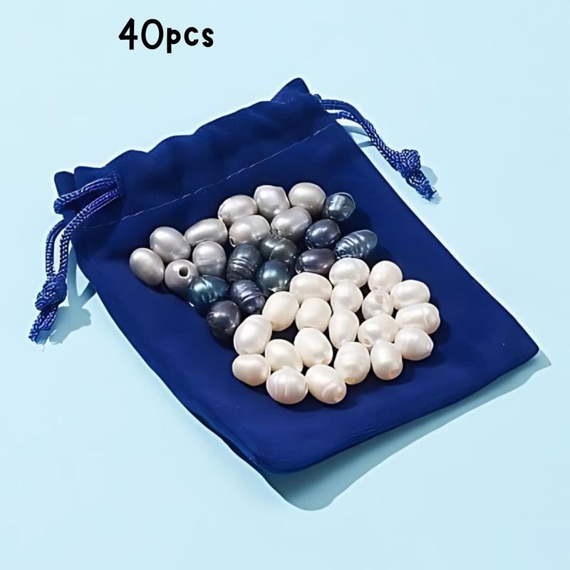 Freshwater Pearls, Potato, 40pcs, 7~10x7~8mm, Grey, Natural/Dyed, Blue &amp; White, W/Velvet Pouch, Hole: 1.8mm, 28gms/0.99oz