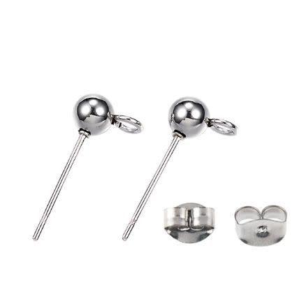 4mm Stainless Steel Earring Bobs/Studs, 10 Bobs &amp; 10 Backs, Loop 3mm, 8gms/0.28oz